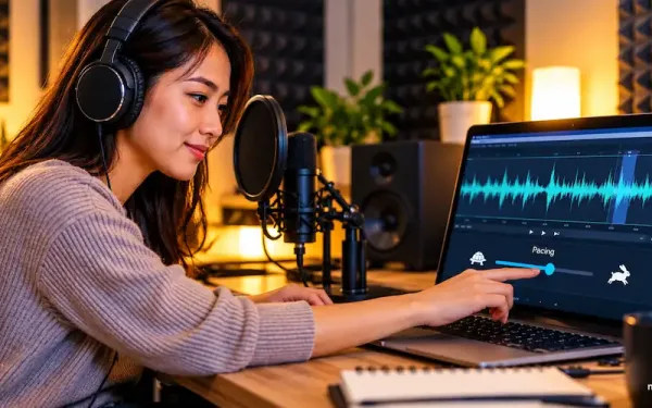 Person Adjusting Pacing And Emphasis Controls On An Ai Voice Narration Waveform Editor