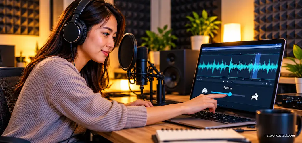 Person Adjusting Pacing And Emphasis Controls On An Ai Voice Narration Waveform Editor