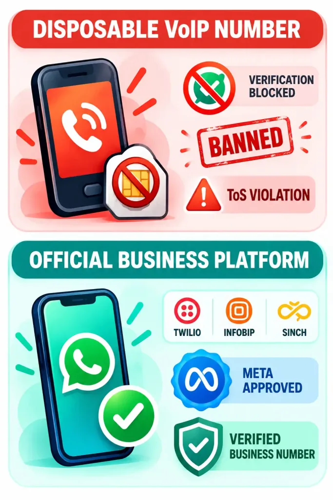 Benefits Of Using A Virtual Number For Your Business Whatsapp — And The Right Way To Set One Up 2 Comparison Infographic Of Disposable Voip Numbers Versus The Official Whatsapp Business Platform Route For Business Accounts