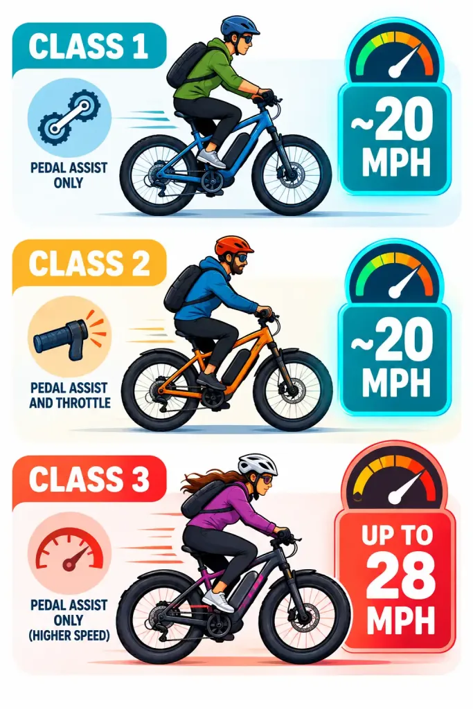 Avoiding Collisions While Hunting On Electric Bikes: 7 Tips For Safer Riding 2 Infographic Comparing The Top Speeds Of Class 1, Class 2, And Class 3 Electric Bikes