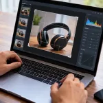 Person Editing A Technology Tutorial Photograph On A Laptop, Adjusting Crop And Exposure
