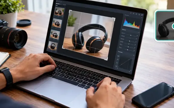 Person Editing A Technology Tutorial Photograph On A Laptop, Adjusting Crop And Exposure