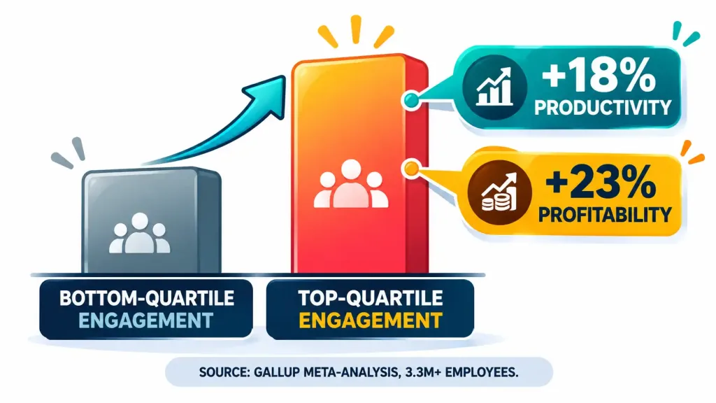 How The Right Hr Software Can Boost Productivity And Employee Satisfaction 2 Bar Chart Infographic Comparing Productivity And Profitability Between Top- And Bottom-Quartile Employee Engagement, Sourced To Gallup