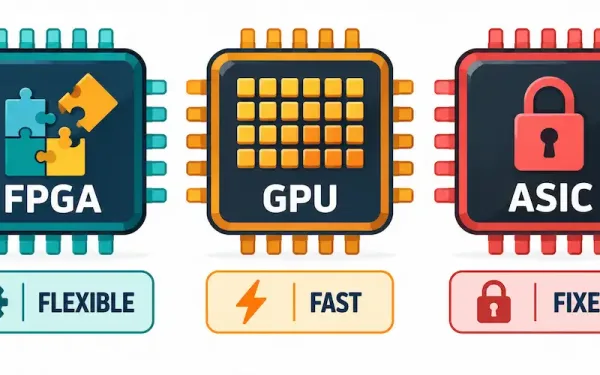 Three Chip Icons Representing Fpga, Gpu, And Asic Labeled Flexible, Fast, And Fixed Respectively