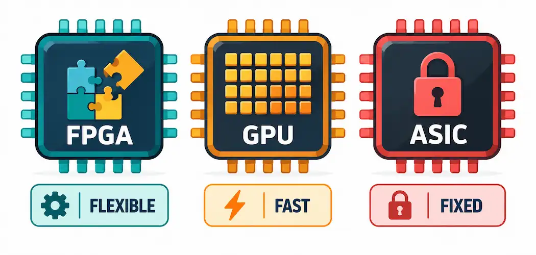 Three Chip Icons Representing Fpga, Gpu, And Asic Labeled Flexible, Fast, And Fixed Respectively