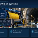 Fiber-Optic Winch Manufacturers: Krc Marine Winch With Yellow Fiber-Optic Cable Drum, Operator Control Console, And Rov Deployment In An Underwater Tunnel.