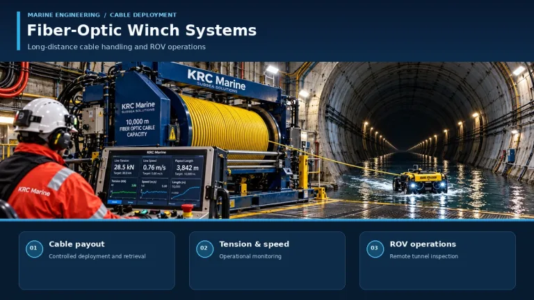 Fiber-Optic Winch Manufacturers: Krc Marine Winch With Yellow Fiber-Optic Cable Drum, Operator Control Console, And Rov Deployment In An Underwater Tunnel.
