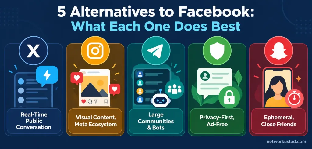 Top 5 Alternatives To Facebook App Worth Actually Trying 2 Infographic Comparing X, Instagram, Telegram, Mewe, And Snapchat