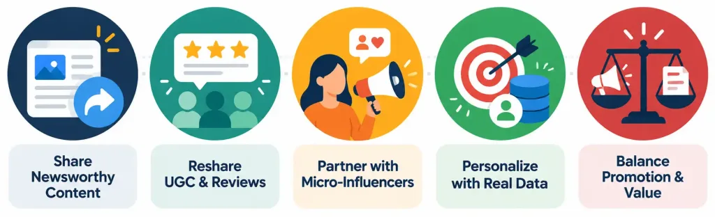 How To Create Content For Social Media That Actually Works 2 Infographic Showing Five Techniques For Effective Social Media Content: Newsworthy Sharing, User-Generated Content, Micro-Influencers, Personalization, And Balanced Promotion