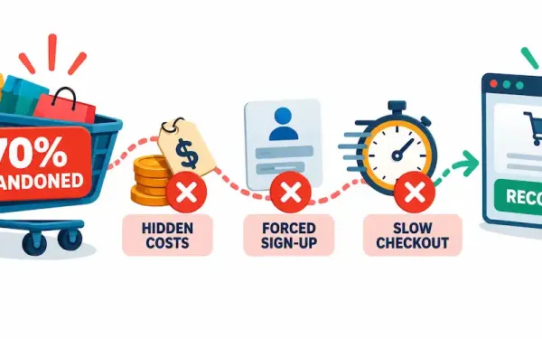 Illustration Of A Shopping Cart With A 70% Abandonment Label And Crossed-Out Checkout Obstacles Leading To A Recovered Sale