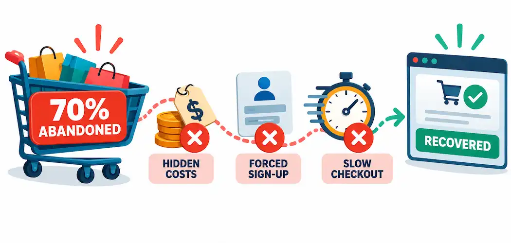 A Practical Guide To Building A Successful Ecommerce Marketing Strategy 1 Illustration Of A Shopping Cart With A 70% Abandonment Label And Crossed-Out Checkout Obstacles Leading To A Recovered Sale