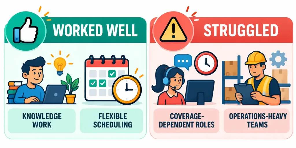 5 Trends Actually Reshaping Business Communication And Corporate Professionalism 2 Split Infographic Showing Where Four-Day Workweek Trials Worked Well Versus Where They Struggled