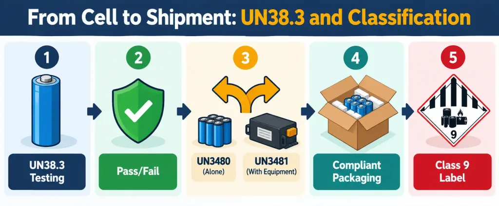Lithium Battery Tape: A Complete Guide To Types, Selection, And Safe Shipping 3 Infographic Showing The Flow From Un38.3 Testing Through Un3480/Un3481 Classification To Compliant Packaging And Labeling