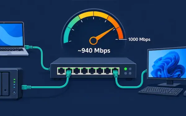 Flat Vector Illustration Of An Ethernet Switch Connected To A Laptop, Nas, And Desktop, With A Speedometer Showing Real-World Throughput Just Under The 1000 Mbps Maximum