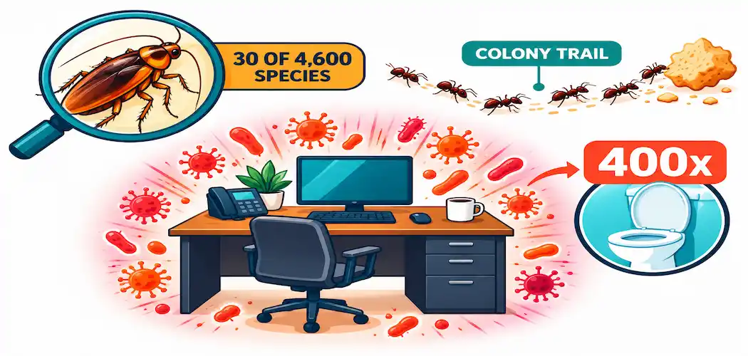 The Unexpected Pest Risks Facing Modern Businesses 2 Illustration Comparing Cockroach Species, Ant Colonies, And Office Desk Bacteria Levels As Business Pest Risks