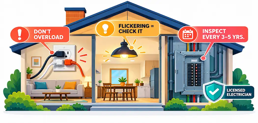 Illustration Of A Home'S Outlet, Light Fixture, And Electrical Panel With Labeled Maintenance Warnings