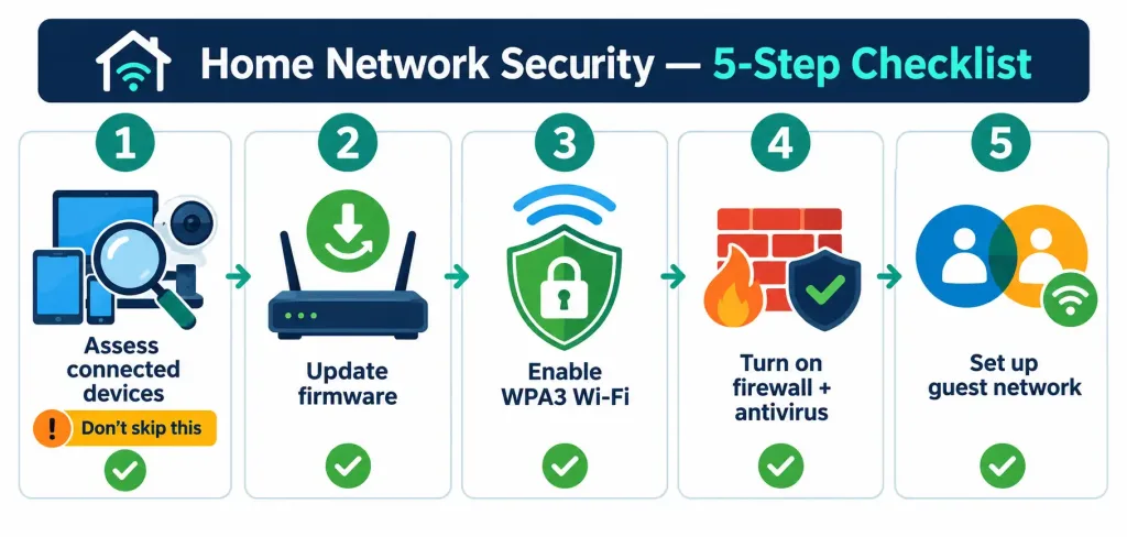 Optimize Home Network Security: A Step-By-Step Guide 2 Five-Step Flat Vector Infographic: Assess Devices, Update Firmware, Enable Wpa3, Turn On Firewall, Set Up Guest Network