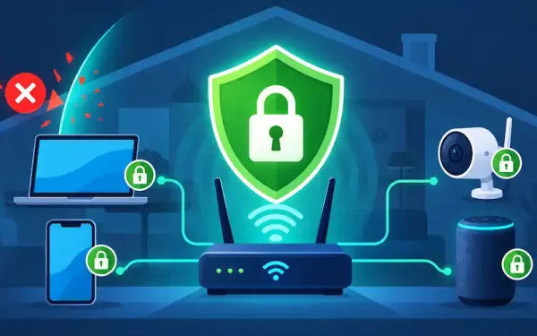 Flat Vector Illustration Of A Shielded Home Network With A Router Protecting A Laptop, Phone, Camera, And Speaker From Attacks