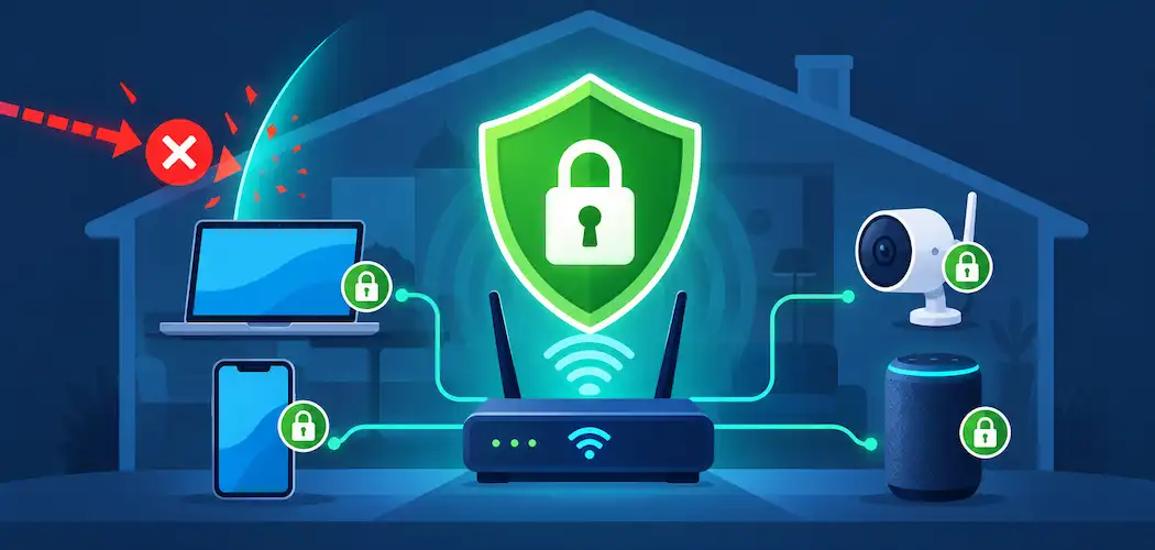 Flat Vector Illustration Of A Shielded Home Network With A Router Protecting A Laptop, Phone, Camera, And Speaker From Attacks