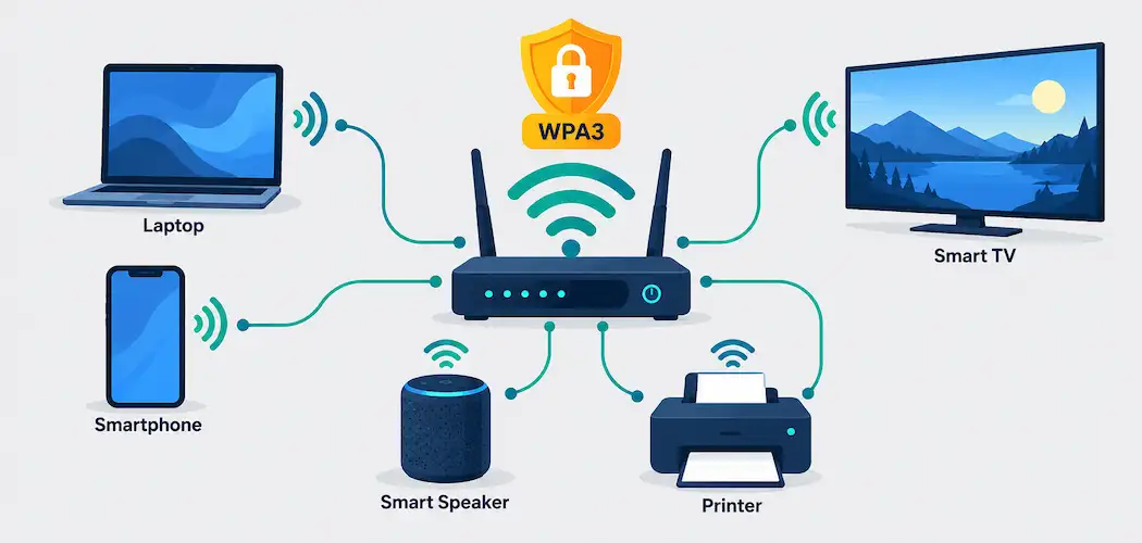 Flat Vector Illustration Of A Home Wi-Fi Router Connected To A Laptop, Phone, Smart Tv, Speaker, And Printer, With A Wpa3 Security Icon