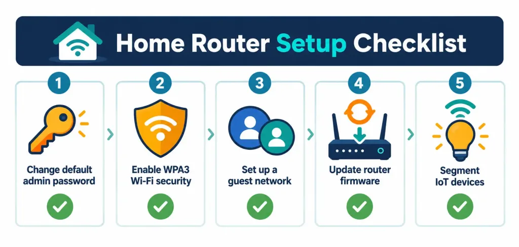 Home Network Setup: How To Do It 2 Five-Step Flat Vector Checklist Infographic For Securing A Home Router: Password, Wpa3, Guest Network, Firmware, Iot Segmentation