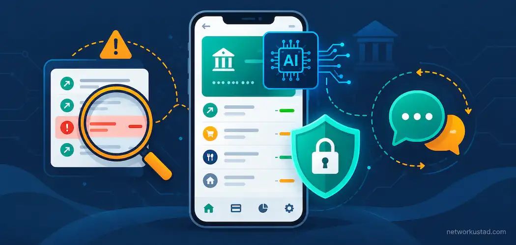 Flat Vector Illustration Of A Banking App With Ai-Driven Fraud Detection And Support Icons