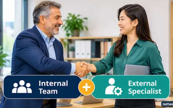 Internal Team Lead And An External Specialist Working Together At A Shared Desk, Representing An It Co-Sourcing Arrangement