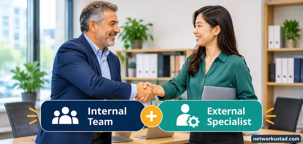 Internal Team Lead And An External Specialist Working Together At A Shared Desk, Representing An It Co-Sourcing Arrangement