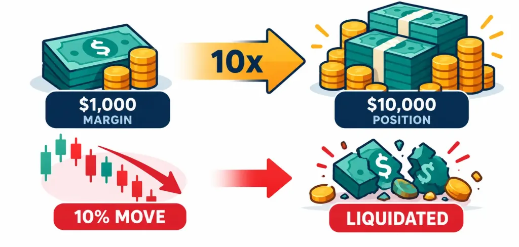 What Are Bitcoin Futures, And How Do They Actually Work? 2 Diagram Showing How 10X Leverage Turns A 10% Price Move Into A Full Liquidation