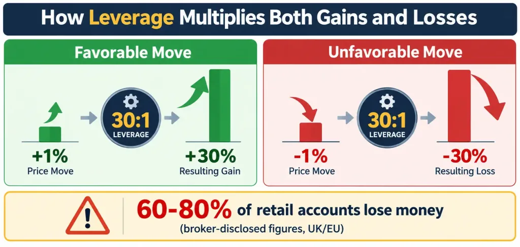 Forex Trading: What It Actually Is, And What The &Quot;Beginner-Friendly&Quot; Pitch Leaves Out 2 Infographic Showing How Leverage Amplifies Both Favorable And Unfavorable Currency Moves