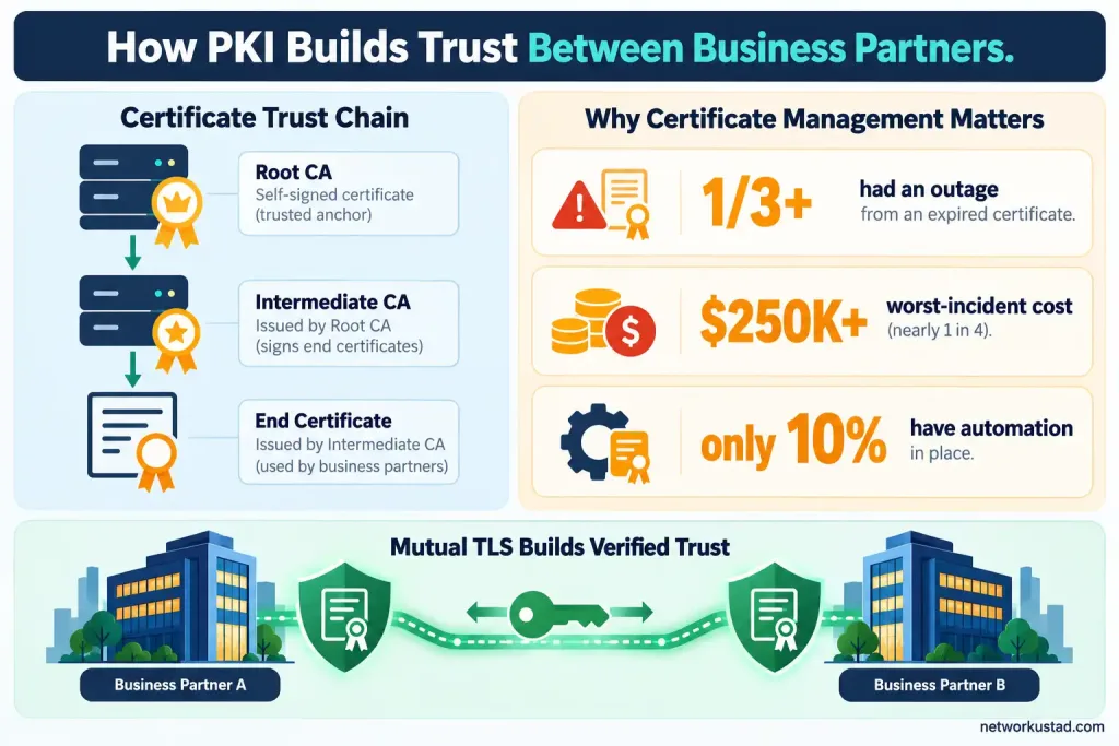 Pki For Business Partners: How It Actually Builds Cross-Organization Trust 2 Infographic Showing A Pki Certificate Trust Chain, Key Certificate-Outage Statistics, And A Mutual Tls Icon