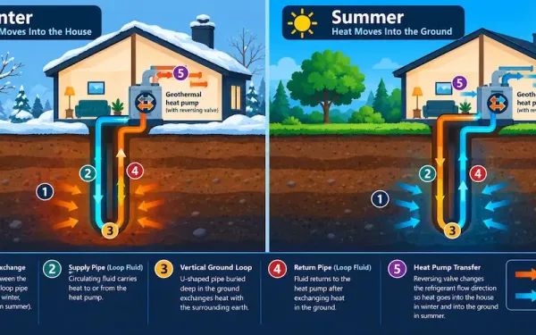 Split Diagram Showing Geothermal Loop Heat Flow Reversing Between Winter And Summer