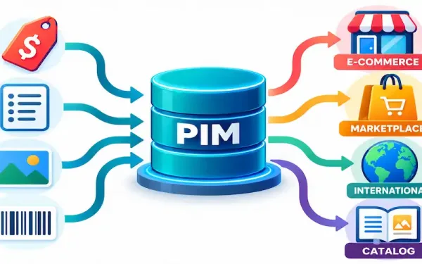 Illustration Of A Central Pim Hub Distributing Product Data To E-Commerce, Marketplace, International, And Catalog Channels