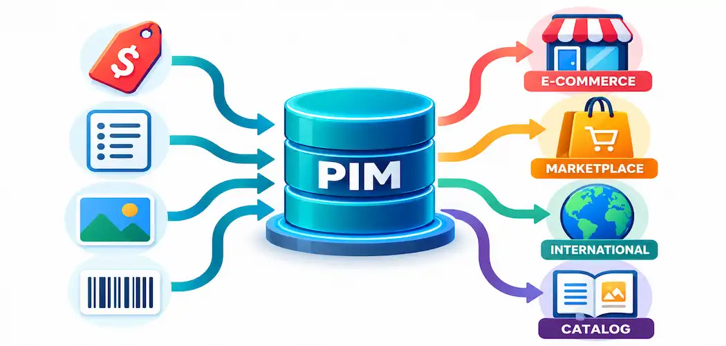 Why Your Business Might Need A Pim System 1 Illustration Of A Central Pim Hub Distributing Product Data To E-Commerce, Marketplace, International, And Catalog Channels