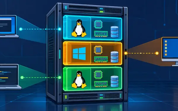 Vector Illustration Of A Server Divided Into Isolated Virtual Compartments With Linux And Windows Icons