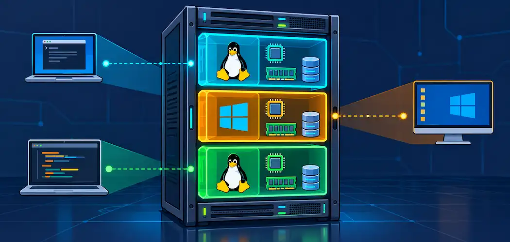 Vps Hosting Explained: What It Actually Is, And Linus Vs. Windows Vps Done Honestly 1 Vector Illustration Of A Server Divided Into Isolated Virtual Compartments With Linux And Windows Icons