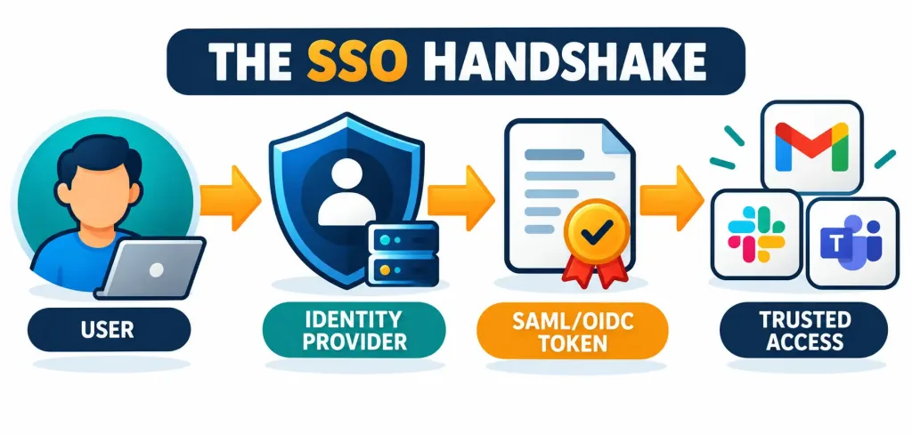 Single Sign-On (Sso): How Sso Id Login Actually Works, And Where The Real Risks Are 2 Step-By-Step Diagram Showing A User Authenticating With An Identity Provider, Receiving A Signed Token, And Gaining Trusted Access To Multiple Apps
