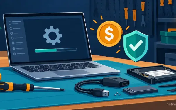 Flat Vector Illustration Of A Laptop Repair Bench With Tools And Pricing Icons
