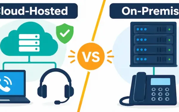 Flat Vector Illustration Contrasting A Cloud-Hosted Phone System With A Laptop And Headset Against An On-Premise Server Rack With A Desk Phone