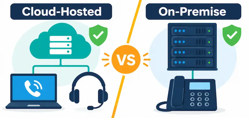 Flat Vector Illustration Contrasting A Cloud-Hosted Phone System With A Laptop And Headset Against An On-Premise Server Rack With A Desk Phone