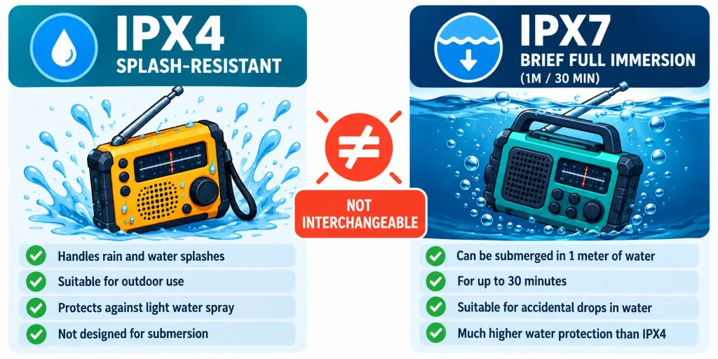The 4 Best Portable Am/Fm Radios For Off-Roading And The Outdoors 2 Comparison Infographic Explaining The Difference Between Ipx4 Splash Resistance And Ipx7 Temporary Full Immersion Ratings