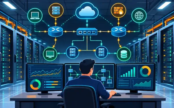 Network Infrastructure Diagram With Monitoring Dashboards Representing It Infrastructure Management