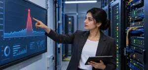 Ddos Protection For Small Business Websites: What Hosting Can And Can'T Protect 2 A Network Administrator Reviewing A Traffic Spike Graph As Part Of Ddos Protection For Small Business Websites In A Server Room