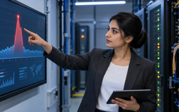 A Network Administrator Reviewing A Traffic Spike Graph As Part Of Ddos Protection For Small Business Websites In A Server Room