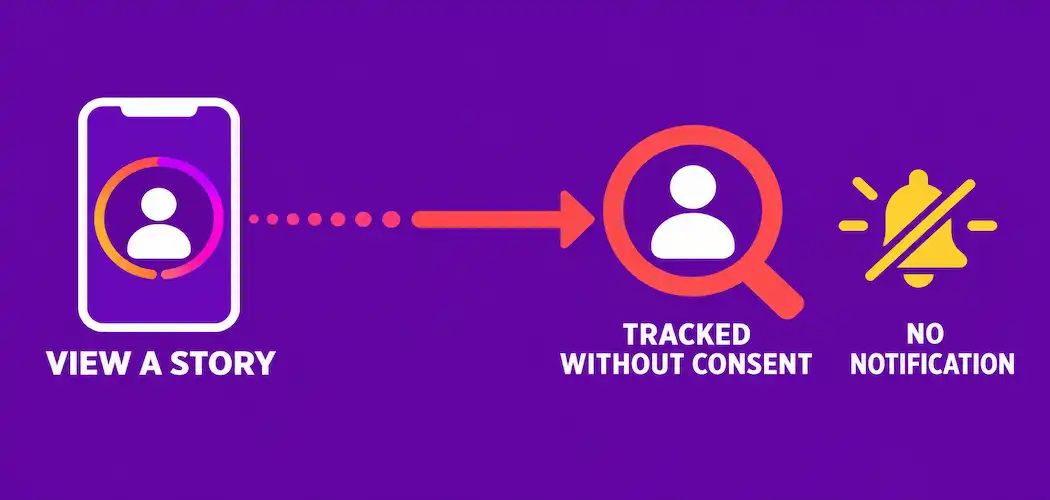 Which Instagram Story Viewers Actually Survived The 2026 Api Changes 1 Illustration Of A Phone Showing A Story Icon Connected By A Thickening Line To A Tracking Icon Labeled Tracked Without Consent, With A Bell-Slash Icon Labeled No Notification