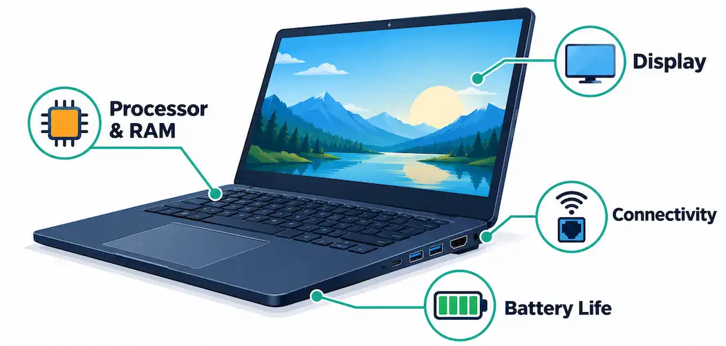 Important Features Of A Laptop: A Practical Buying Guide 1 Flat Vector Illustration Of An Open Laptop With Labeled Callouts For Display, Processor And Ram, Connectivity, And Battery Life