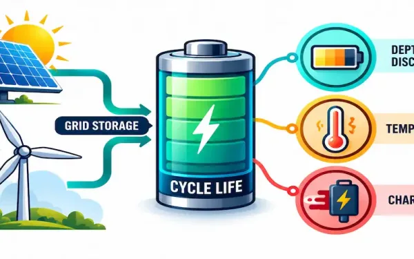 Illustration Of A Battery Labeled Cycle Life With Three Factors—Depth Of Discharge, Temperature, And Charge Rate—Feeding From Solar And Wind Sources