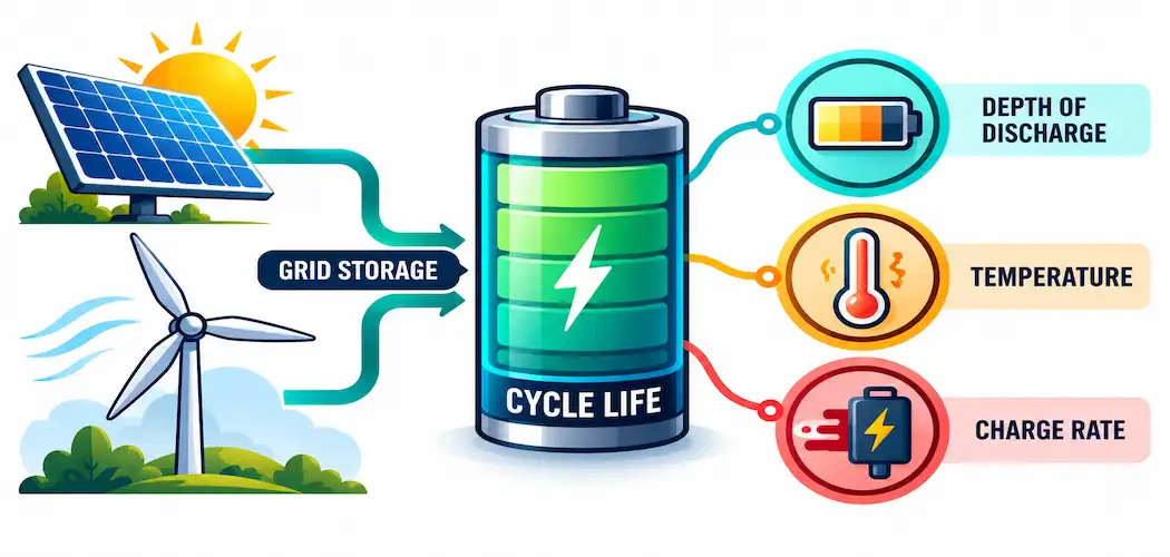 Long Cycle Life Lithium Batteries: The Real Story Behind Renewable Energy Storage 1 Illustration Of A Battery Labeled Cycle Life With Three Factors—Depth Of Discharge, Temperature, And Charge Rate—Feeding From Solar And Wind Sources