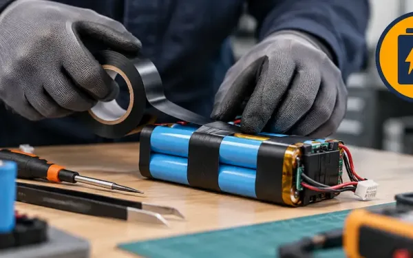 Gloved Hands Applying Insulating Tape To A Lithium Battery Pack During Assembly