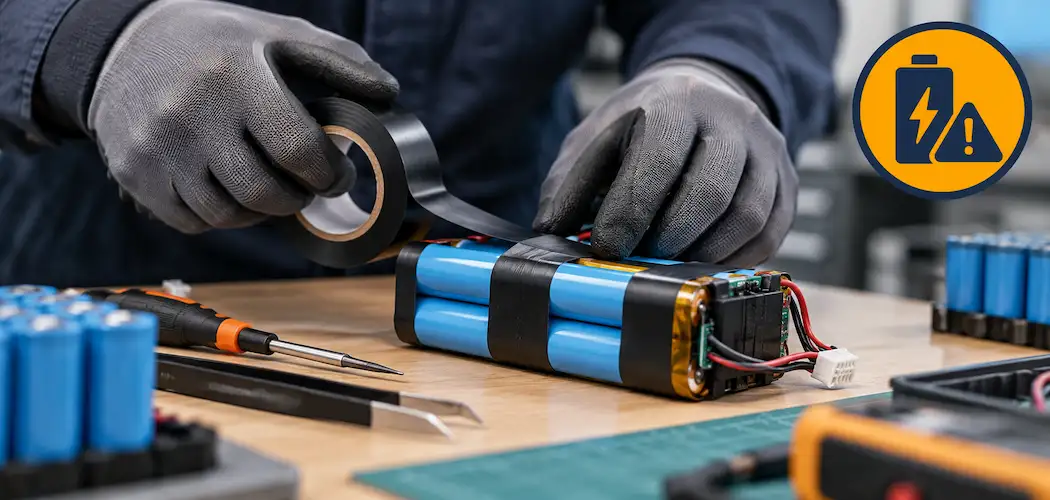 Gloved Hands Applying Insulating Tape To A Lithium Battery Pack During Assembly
